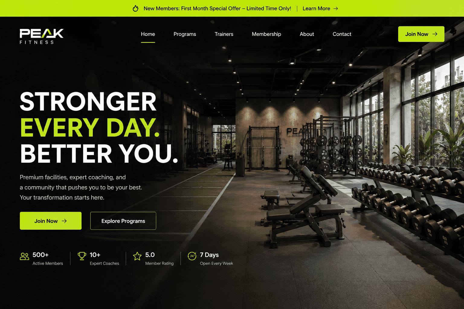Gym website design shown in a browser window