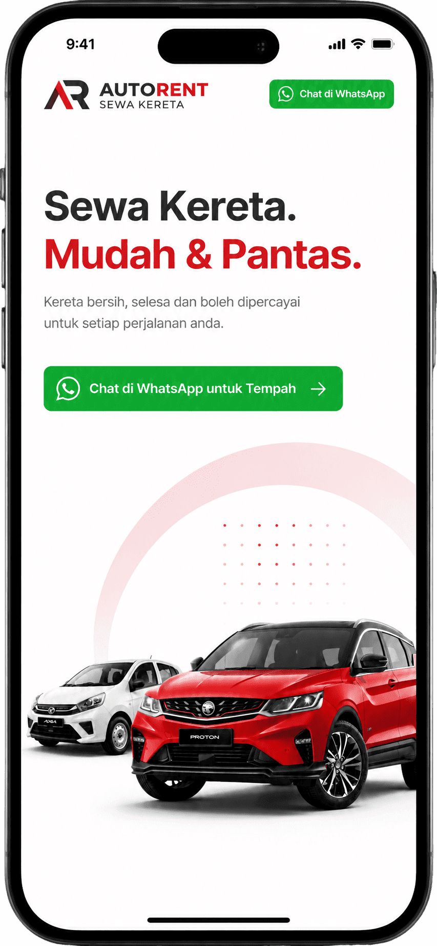 Car rental website design shown on a phone