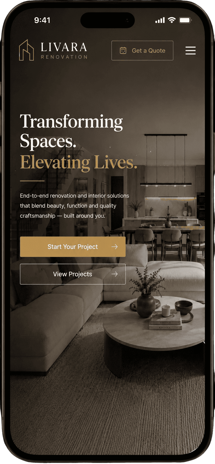 Renovation website design shown on a phone
